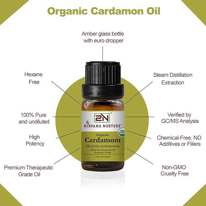 Cardamom Essential Oil, USDA Certified Organic, 100% Pure Undiluted, Aromatherapy Oil for Diffuser, Hair & Skin Care