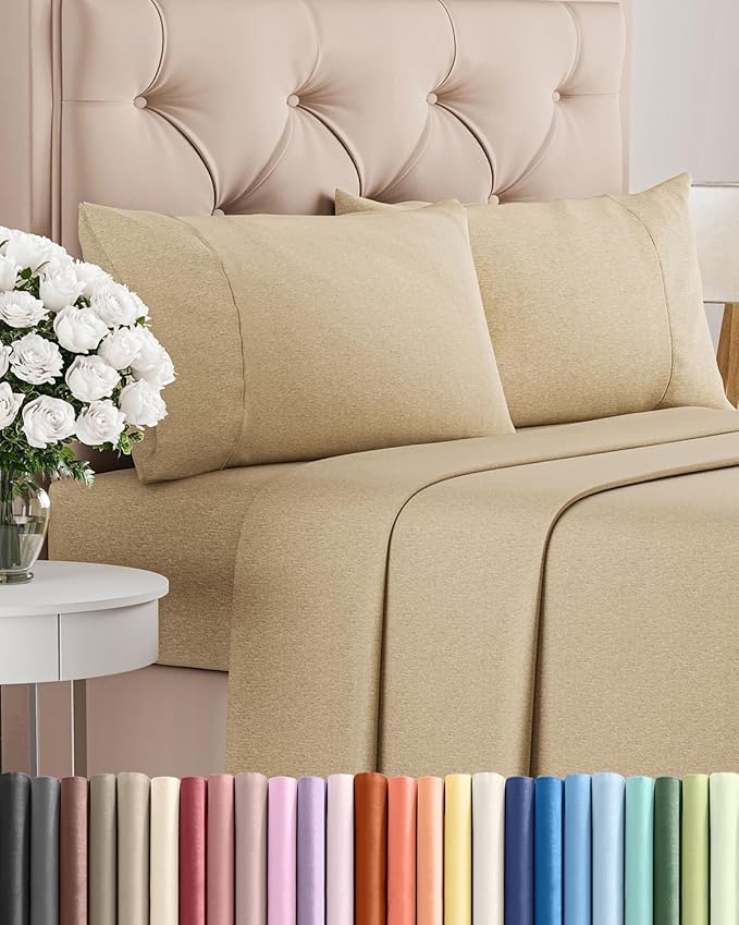 Queen Size 4 Piece Hotel Luxury Bed Sheet Set - Breathable, Cooling, Deep Pocket, Easy-Fit, Soft & Wrinkle Free - Heathered Tan