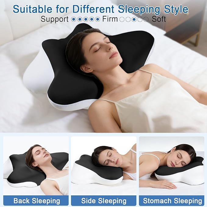 Butterfly Cervical Memory Foam Pillow, Dual-Height Design (11cm/13cm) with Skin-Friendly Breathable Fabric, Ergonomic Neck Support for Sleep Relief, Black & White