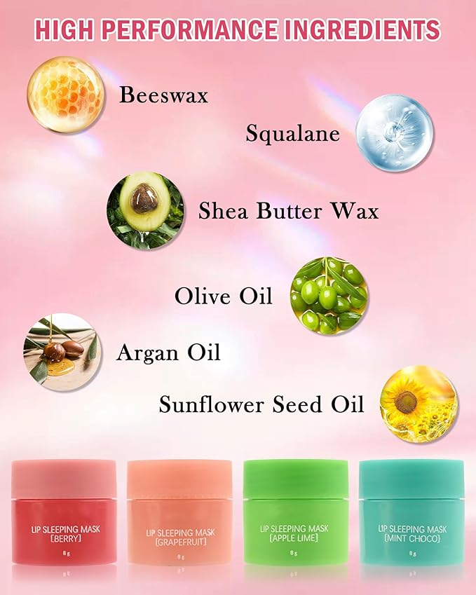 Lip Sleeping Mask Set-4 Pcs Moisturize & Nourish Lip Balm,Repair for Dry Cracked Lips,Deep Hydrating Lip Moisturizer Overnight Lip Blam,Treatment Lip Care Makeup Gift Kit for Women Men