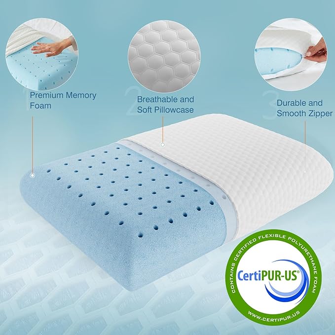 DUMOS Memory Foam Pillows for Sleeping 2 Pack, Bed Pillows for Adults with Washable Cover and Breathable Mesh, Gel Cooling Pillow for Back and Side Sleeper Support, White