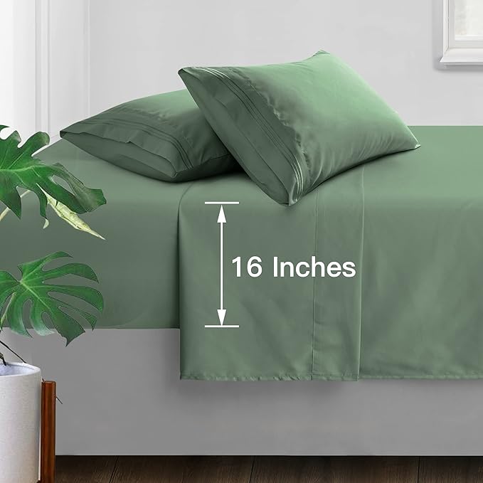 Manyshofu 1800 Thread Count Queen Sheet Sets - Hotel Luxury 16 Inch Deep Pocket Sheets & Pillowcases - Microfiber Bedding Set up to 16" Mattress - Sage Green Bed Sheets 10-16 Inch Pockets - 4 Piece