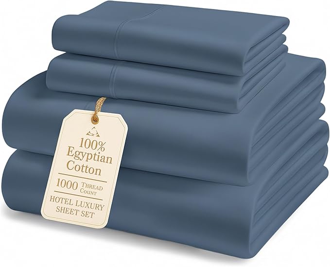 LANE LINEN 100% Cotton Cal King Sheet Set - 1000 Thread Count, 15" Deep Pocket Fully Elasticized French Reinforced Pocket Seams for Soft, Comfy & Fresh Bed Eco Friendly Cooling Sheets - Estate Blue