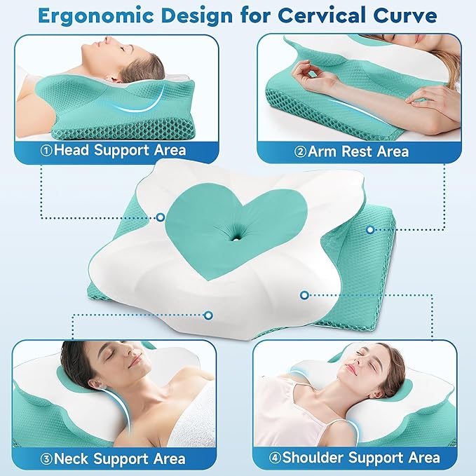 CushZone Cervical Neck Pillow, Memory Foam Neck Support Pillows for Sleeping, Shoulder Pillow for Side Sleepers, Back Stomach Sleepers, CertiPUR-US Certified, Queen Size, Green