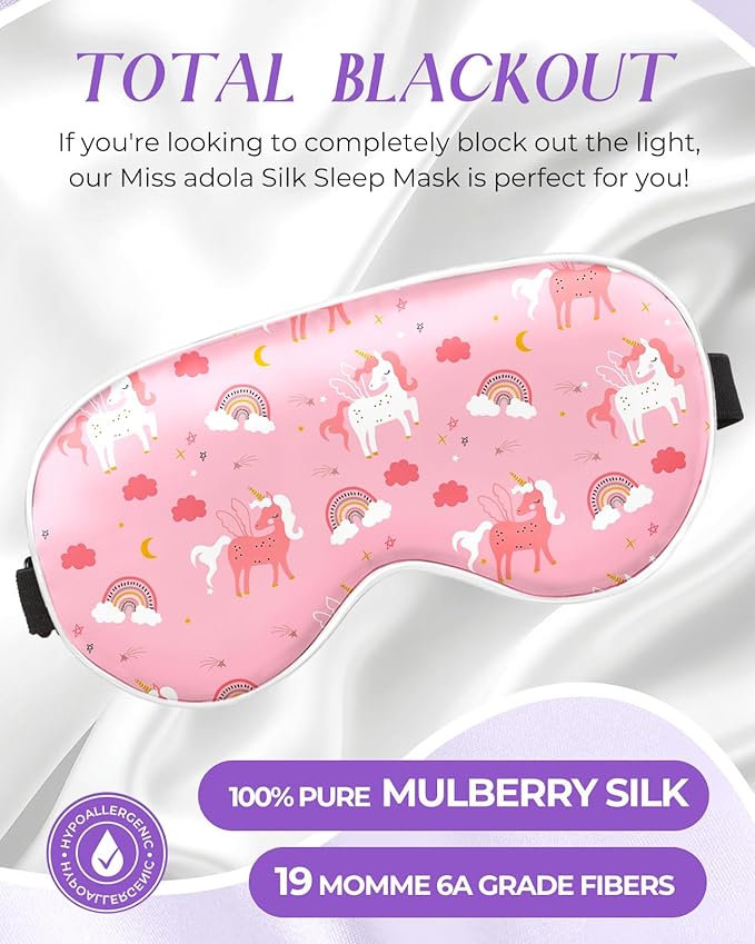 Miss Adola Sleep Mask for Kids - Silk Eye Mask for Sleeping Cute Cartoon Kids Sleep Mask for Boys Girls Teens Soft Smooth Adjustable Straps Silk Kids Eye Cover, Strawberry