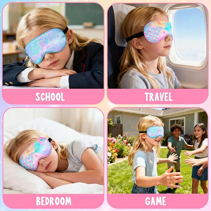 OlyPegic 2 Pcs Kids Sleep Mask Girls Silk Eye Mask Sleeping with Adjustable Strap Soft Lightweight Kids Eye Cover Mask Blindfold Shade Light Blocking Travel and Home Use Girls Teens Rainbow Unicorn