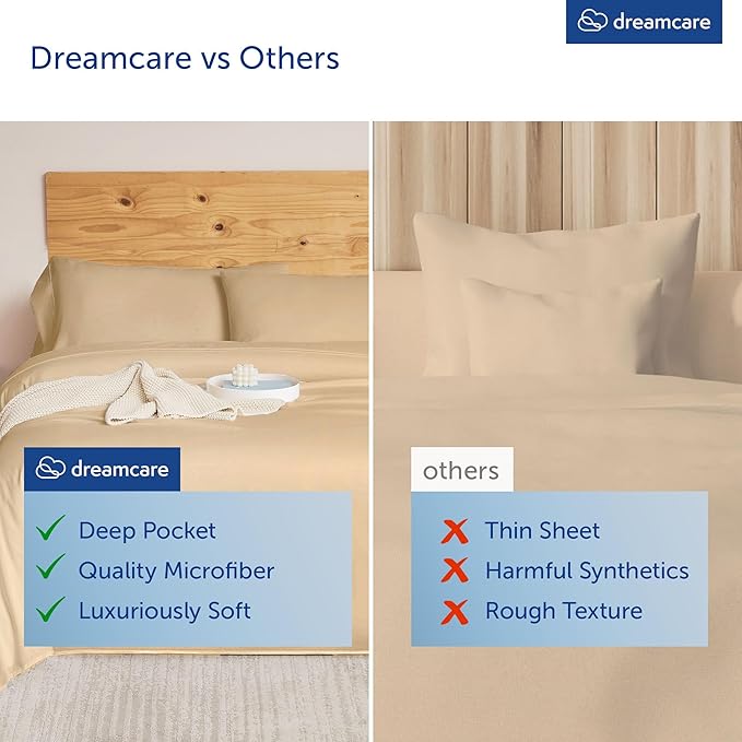 DREAMCARE King Size Sheets Set – 4 pcs Super Soft & Lightweight Cooling Sheets – up to 21” Deep Pocket King Sheet Set – Hotel Luxury Sheets & Pillowcases – 100% Fine Microfiber with Side Pocket, Wheat