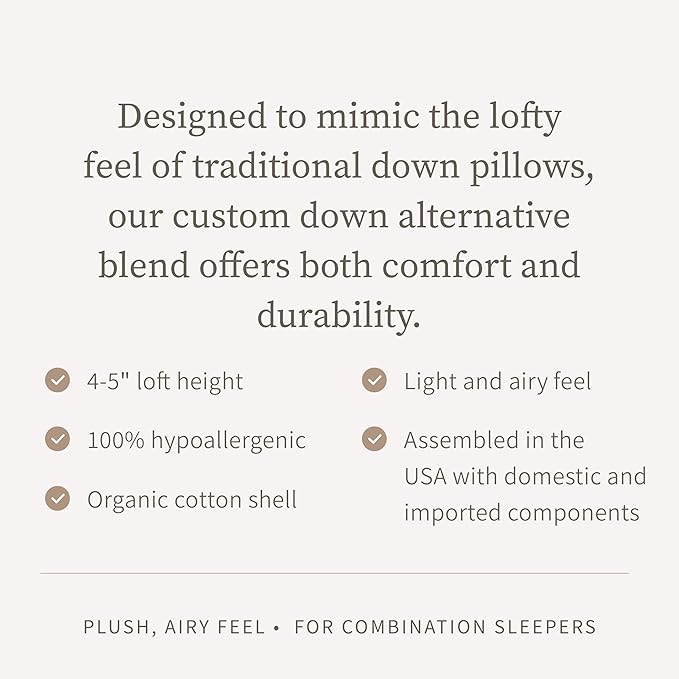 Saatva Down Alternative Pillow - Hypoallergenic Pillow with Plush & Airy Feel - Breathable Organic Cotton Cover - Standard Loft (4"-5") Microdenier Down Alternative - Queen (28"x16"), 1 Pack