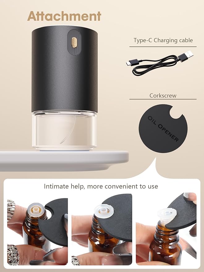 Waterless Essential Oil Diffuser, Rechargeable Aromatherapy Scent Diffusers for Home, Car, Bedroom, Office, 1/2/4/8-Hour Timer, 100ml Capacity, 4 Mist Levels, Metal Black