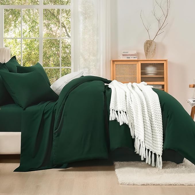 Litanika California King Comforter Set Dark Emerald Green - 7 Pieces Bed in a Bag Cal King Bedding Comforter Sets, Plain Lightweight Bed Set with Comforter, Sheets, Pillowcases & Shams