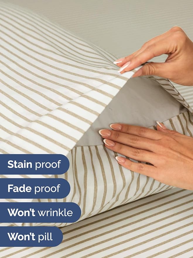 Extra Deep Cal King Sheet Set - 4 Piece Breathable & Cooling Bed Sheets - Easily Fits 18 to 24 inch Mattress - Soft, Wrinkle & Fade Free w/ Extra Deep Pockets - Hotel Luxury Bedding - Beige Stripes 2