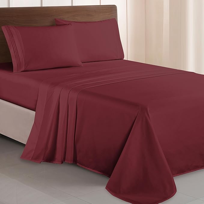 Elegant Comfort Luxurious 1500 Premium Hotel Quality Microfiber Three Line Embroidered Softest 4-Piece Bed Sheet Set, Wrinkle and Fade Resistant, King, Burgundy
