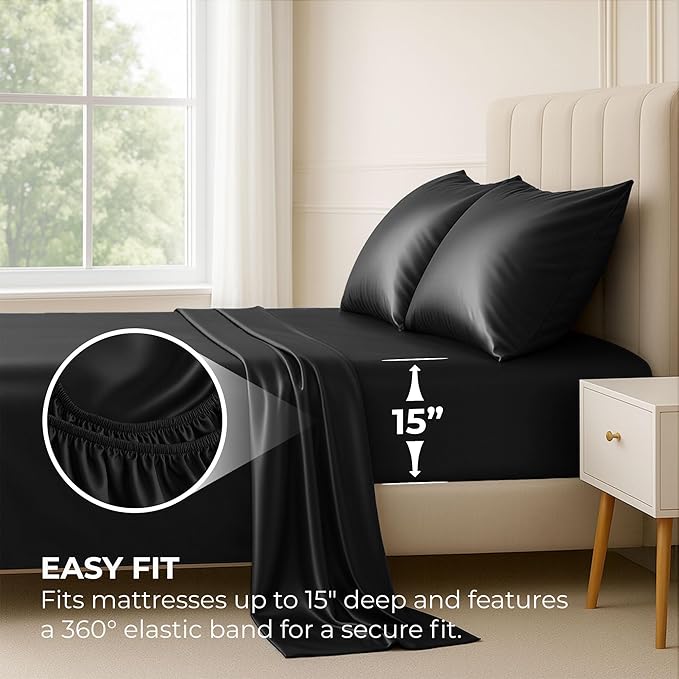 Pure Bedding Satin Sheets Twin [3-Piece, Black] Hotel Luxury Silky Bed Sheets - Extra Soft 1800 Microfiber Sheet Set, Wrinkle, Fade, Deep Pocket Fitted Sheet, Flat Sheet, Pillow Cases