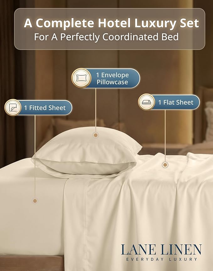 LANE LINEN Twin XL Sheets Set - 600 Thread Count Sateen Weave for Hotel Quality Luxury - Breathable & Very Easy to Care Cotton Sheets Set for College Dorms - Oeko Tex Certified - Ivory