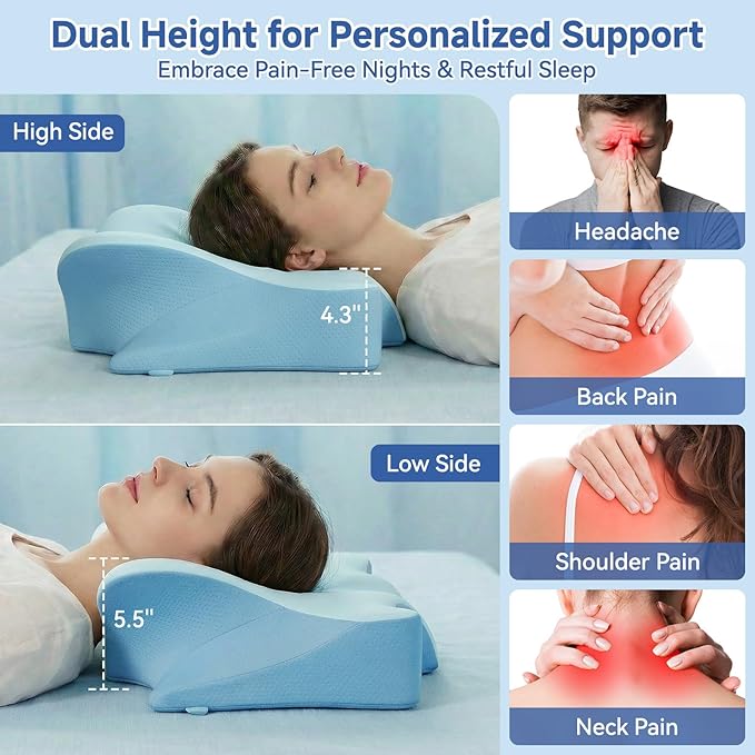 Cervical Neck Pillow for Pain Relief & Sleeping, Ergonomic Posture Pillow Neck Support, Cooling Memory Foam, Orthopedic Contour Pillow for Side Back Stomach Sleepers, Blue