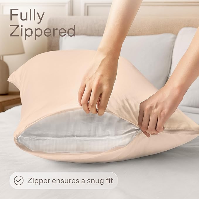 Ultra Soft Pillow Protectors with Zipper Standard Size - Set of 4 Breathable Pillow Covers - 100% Protection Against Stains, Dust & Dirt - Machine Washable (Cream)