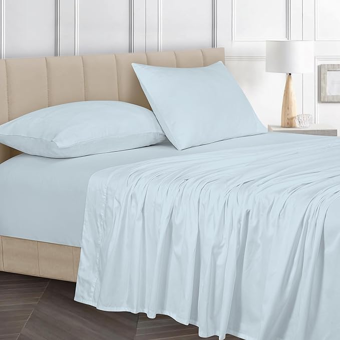 ROYALE LINENS Bamboo Viscose Queen Sheet Set - Cooling Bed Sheet Set - 1 Fitted, 1 Flat & 2 Pillowcase - Fits Up to 16" - Organic Viscose Derived from Bamboo - Bedding Sheet Set (Queen, Ballad Blue)