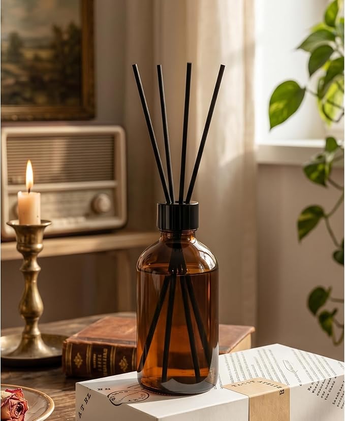 Aroma Reed Diffuser 6.7 Fl.oz Delicate Scent for Home Decor and Air Freshening Reed Scented Diffuser Home Decor Air Freshener for Bathroom Living Room Office (Amber Oud)