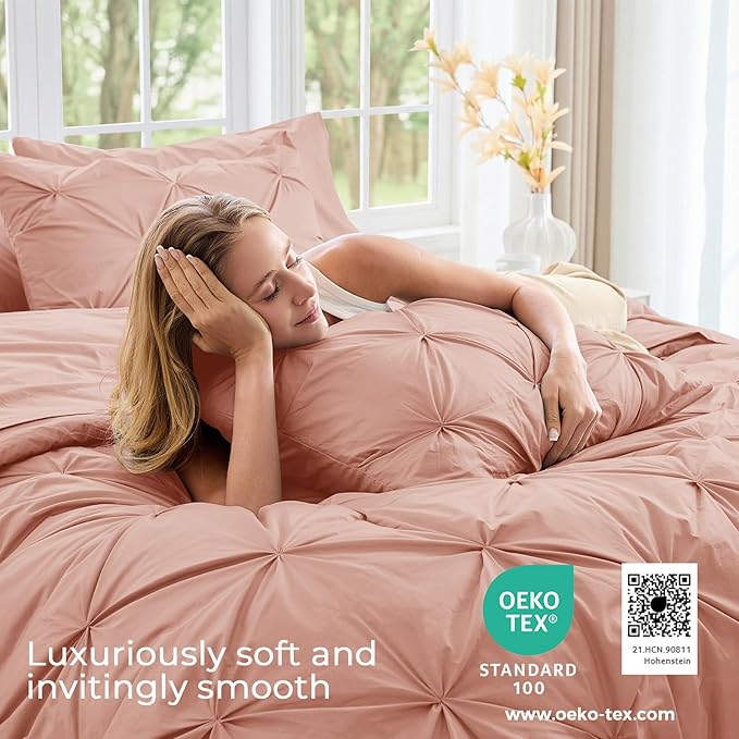 Sasttie California King Comforter Set, 7-Piece Bed in a Bag Cal King, Pintuck Bedding Set for All Season, Includes Comforter, Flat Sheet, Fitted Sheet, Pillowcases and Pillowshams, Blush