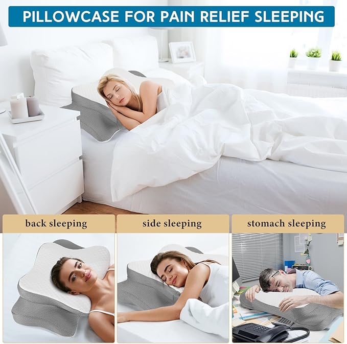 HunnmingRe Cervical Pillow Case Cover Comfortable and Breathable Memory Foam Cervical Neck Pillow Case Cover with Zipper(Light Gray, White,Standard Size)
