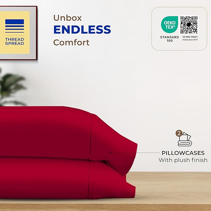 Thread Spread 100% Egyptian Cotton Pillow Cases Queen Size Set of 2 - Luxury 1000 Series Paradise Collection Queen Pillow Cases (Red), Soft Cooling Sateen Hotel Egyptian Cotton Pillowcases