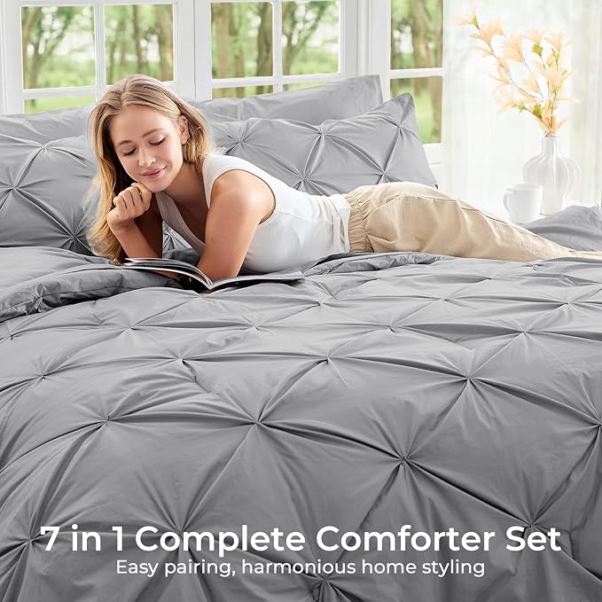 Sasttie Queen Comforter Set, 7-Piece Bed in a Bag, Pintuck Bedding Sets for All Season, Includes Comforter, Flat Sheet,Fitted Sheet, Pillowcases and Pillowshams, Light Grey