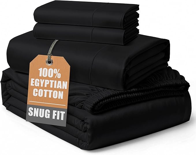 100% Egyptian Cotton Sheets Queen Size Bed Set – Naturally Cooling & Breathable Sateen Queen Sheets Set, Authentic Long-Staple Cotton for Lasting Softness, Snug Fit 15" Deep Pocket Fitted - Black