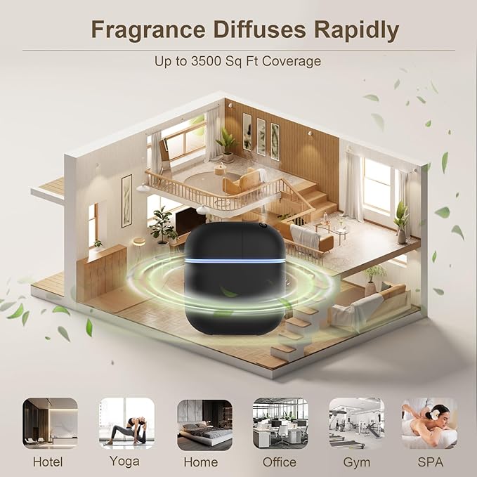 Hotel Scent Diffuser Kit for Home, Includes 2 Premium Oils, Waterless Essential Oil Aromatherapy Diffuser Cover 3500 Sq.ft. App Control,Powerful Nanotechnology System for Large Room Office Spa-Black