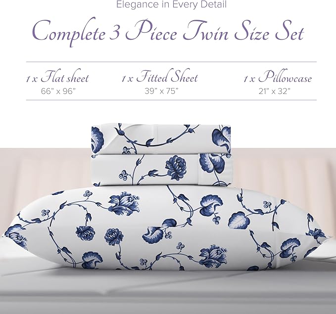 Carressa Linen 100% Egyptian Cotton Printed Bed Sheets - 600 Series 3 PC Twin Sheet Set, Hotel Luxury Sateen Bedsheets, 16" Deep Pocket Soft Cooling Sheets for Twin Size Bed - Floral Blue