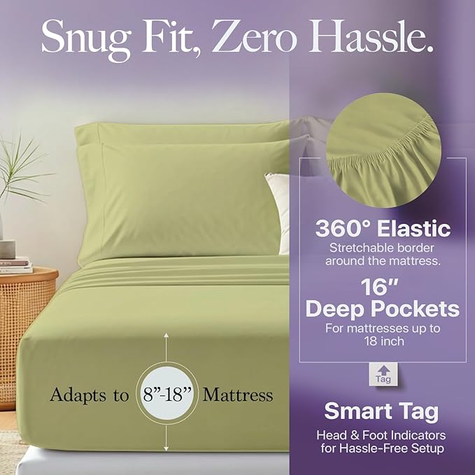Carressa Linen 100% Egyptian Cotton King Size Sheets Set - 600 Series Hydrangeas Collection Egyptian Cotton Sheets King Size (4 PC, Sage Green), 16" Deep Pocket Sateen Weave Luxury Bed Sheet