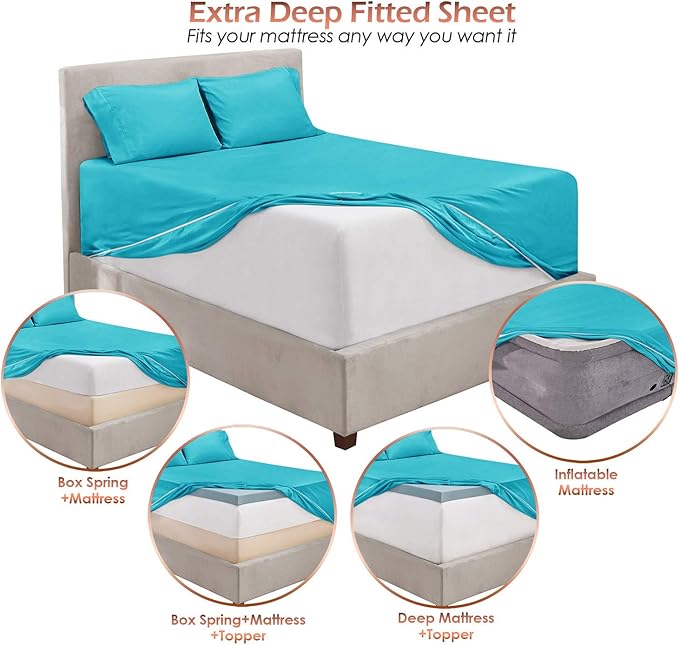 Hearth & Harbor Extra Deep Pocket King Size Sets - Fits Mattress 18-24 Inches Deep - Extra Deep Pocket Sheets - 6 Piece King Size - Beach Blue