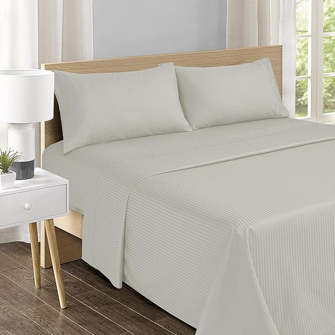 Feather & Stitch 500 TC California King Size Bed Sheet Set, 100% Cotton Soft Breathable Bedsheets, 4 Piece 18" Deep Pockets Sateen Weave Striped Bedding Mattress Resort Hotel - (Blue Blush Stripe)