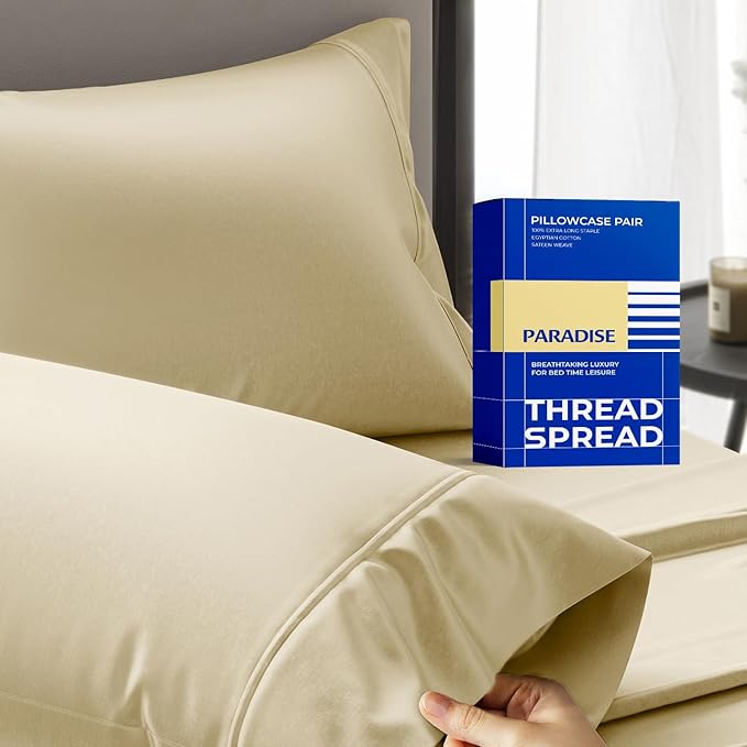 Thread Spread 100% Egyptian Cotton King Size Pillow Cases Set of 2 - Luxury 1000 Series Paradise Collection Pillow Cases King Size (Sand), Soft Cooling Hotel Egyptian Cotton Pillowcases