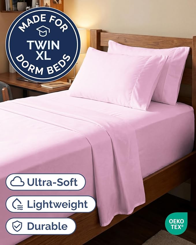 Extra Deep Twin XL Sheet Set - 4 Piece Breathable and Cooling Sheets - Hotel Luxury Bedding for Women, Men, Kids & Teens - Easy & Secure Fit - Soft and Wrinkle Free - Extra Deep Pockets - Light Pink