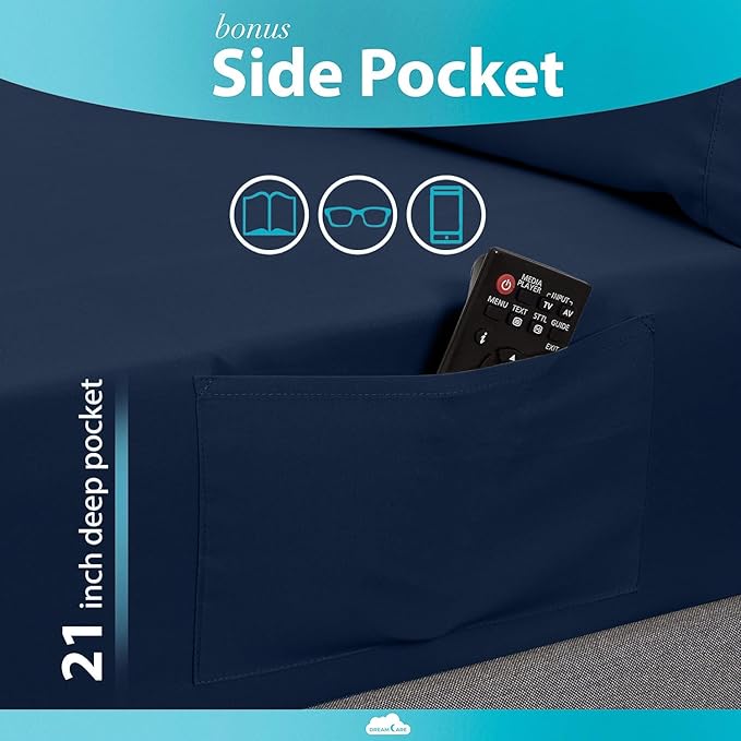 DREAMCARE California King Sheet Sets - 6 pcs Breathable Cooling Bed Sheets - up to 15" Deep California King Sheets with Side Pockets -Extra Soft 100% Brushed Hypoallergenic Hotel Luxury Bedding N-Blue