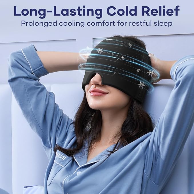 Qnoon Migraine Relief Cap, Headache Relief Cap Mask Products, Cooling Odorless Gel Ice Head Wrap for Tension, Stress,Hangover & Puffy Eyes