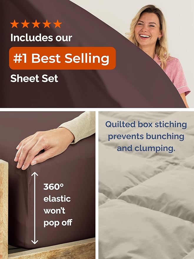King Comforter Set - 7 Piece Bed in a Bag King Size Bed Set - Down Alternative Comforter, Flat Sheet, Fitted Sheet, Pillowcase & Shams for All Seasons - Ultra Soft, Comfy and Breathable - Brown/Beige