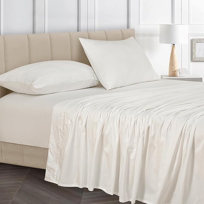 ROYALE LINENS Bamboo Viscose Queen Sheet Set - Cooling Bed Sheet Set - 1 Fitted, 1 Flat & 2 Pillowcase - Fits Up to 16" - Organic Viscose Derived from Bamboo - Bedding Sheet Set (Queen, Bright White)