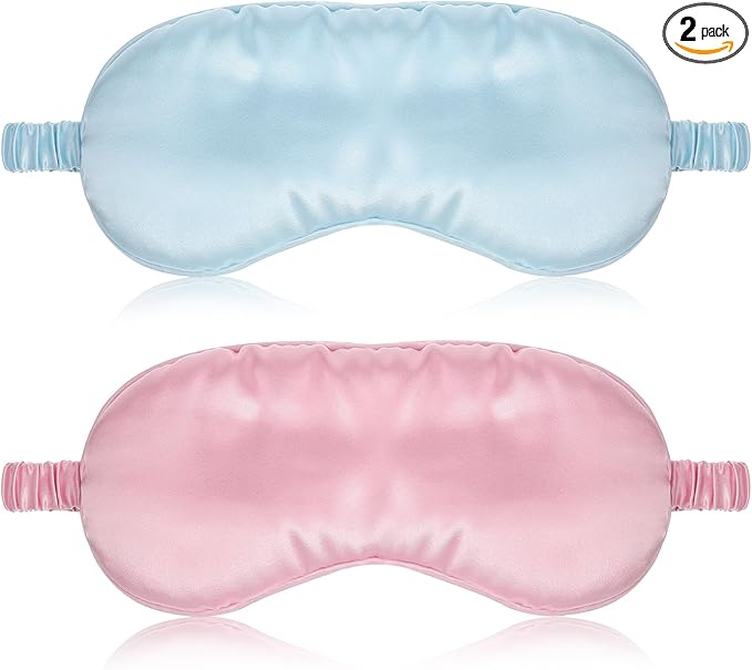 Nogeqi 2 Pack Silk Sleep Masks for Women, Blackout Soft Eye Masks for Sleep with Elastic Strap, Satin Eye Covers for Sleeping Blindfold for Travel Night Eyeshade, Zero Pressure (Pink, Blue)