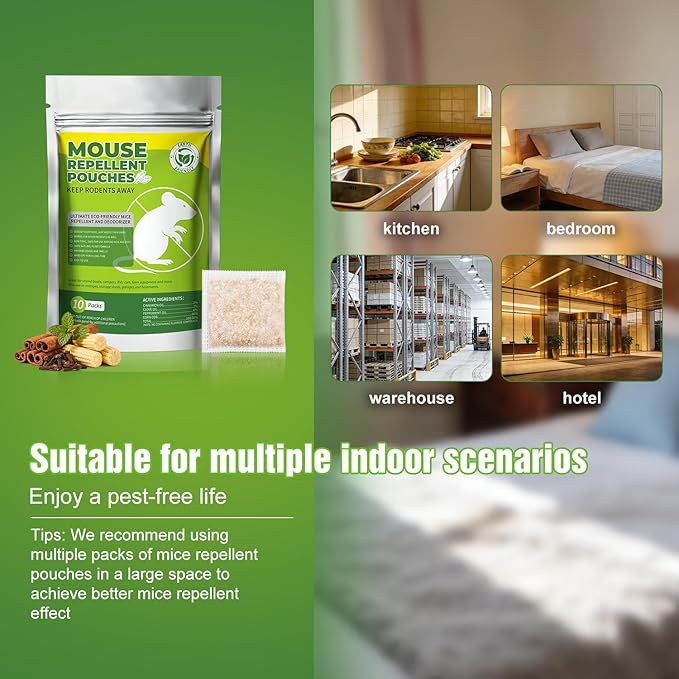 10 Packs Mice Repellent Pouches, Peppermint Oil Rodent Repeller, Natural Pest Control for Rats Squirrels Insects, Indoor Outdoor Mouse Deterrent, Pet & Family Safe Alternative to Traps & Poison