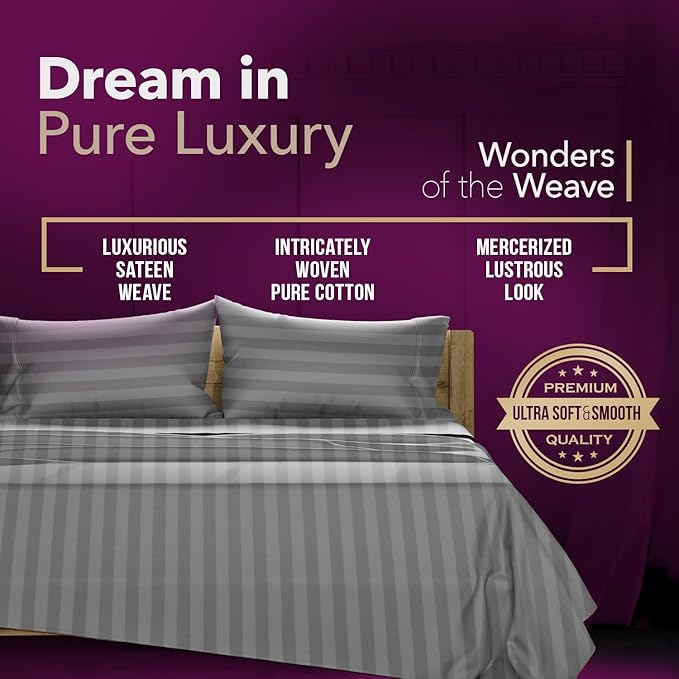 TEXAS LINEN CO. 100% Egyptian Cotton Pillow Cases Standard/Queen Size Set of 2 - Luxury 1200 Series Star Sleepin' Damask Pillow Cases (Dark Grey Stripe), Soft Pillowcases Fits Standard & Queen Pillows