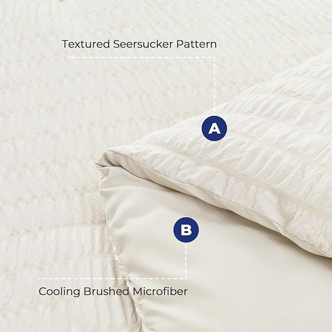 HYMOKEGE Ivory Oversized King Comforter Set Seersucker 7 Pieces, All Season Luxury Bed in a Bag for Bedroom, Bedding Set with Comforter, Sheets, Pillowcases & Shams