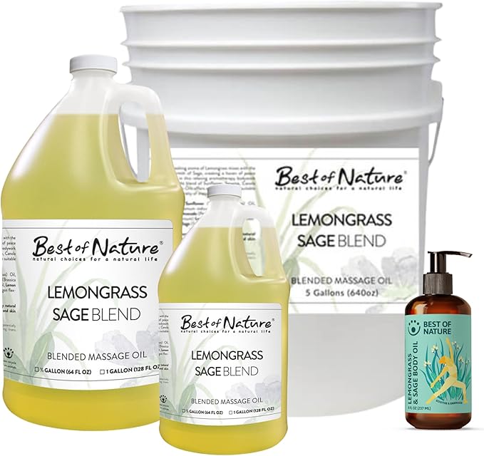 Best of Nature Lemongrass & Sage Aromatherapy Massage Oil – Non-Greasy Body Oil for Skin, Face & Massage – Uplifting Essential Oil Blend – 8 fl oz