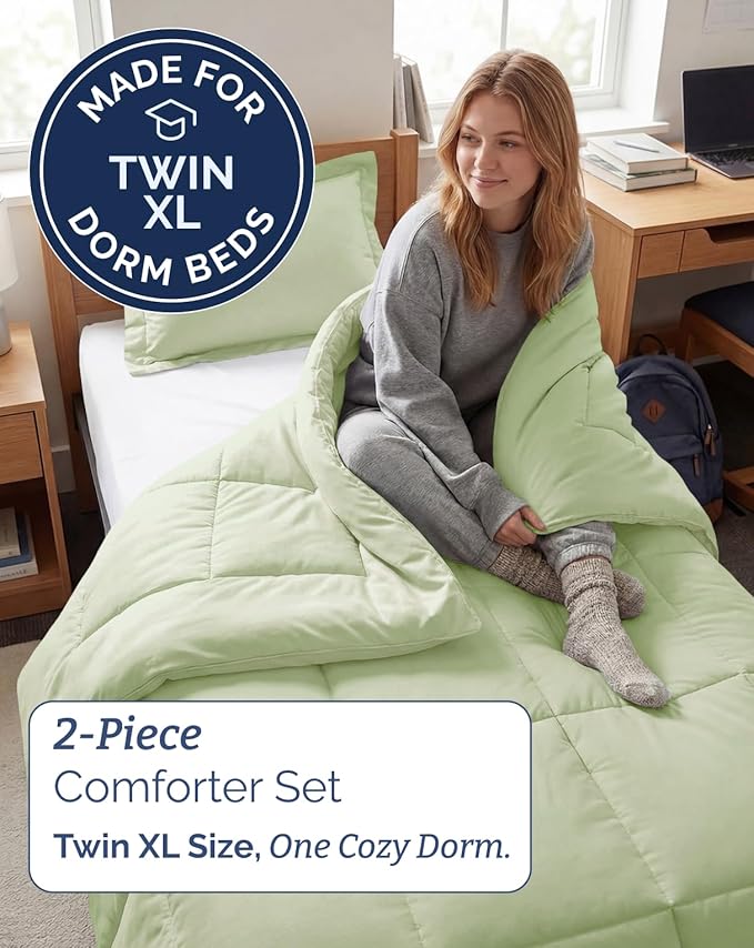 Twin XL Comforter Set - 2 Piece Bed Set for All Seasons - 1 Soft Quilted Comforter with Corner Tabs & 1 Pillow Sham - Comfy & Breathable - Premium Down Duvet Insert - Twin XL Size, Light Sage Green