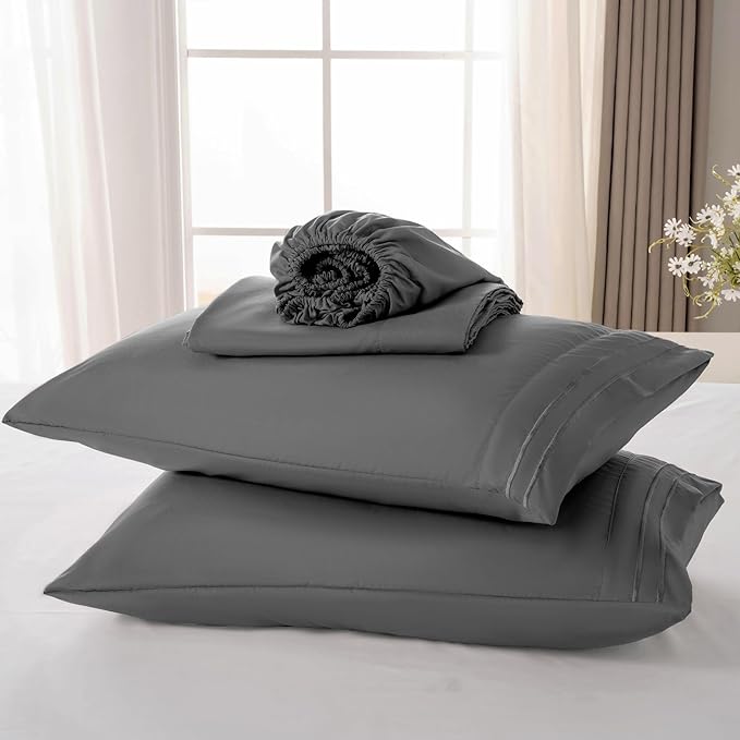 ROSE&RISY Dark Grey Queen Sheet Set, 4 Pieces Soft Bedding Queen Sheet Set, Breathable and Cooling,Includes 1 Fitted, 1 Flat, 2 Pillow Cases - Deep Pocket(Dark Grey, Queen)