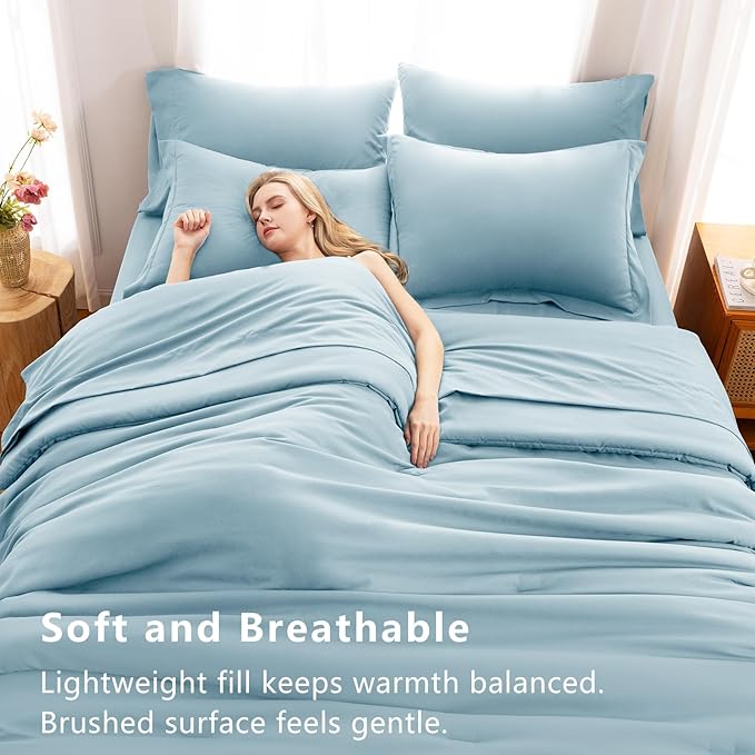 CozyLux Queen Comforter Set Light Blue, 7 Pieces Bed in a Bag Queen Comforter Set with Sheets, Luxury Soft Bedding Sets with Down Alternative Comforter, Fitted Sheet, Flat Sheet, Pillowcases & Shams