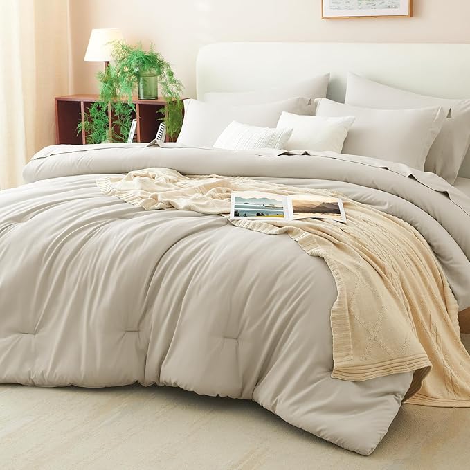 CozyLux Oversized King Comforter Set Beige, 7 Pieces Bed in a Bag Comforter Set with Sheets, Soft Bedding Sets with Down Alternative Comforter, Fitted Sheet, Flat Sheet, Pillow Shams and Pillowcases