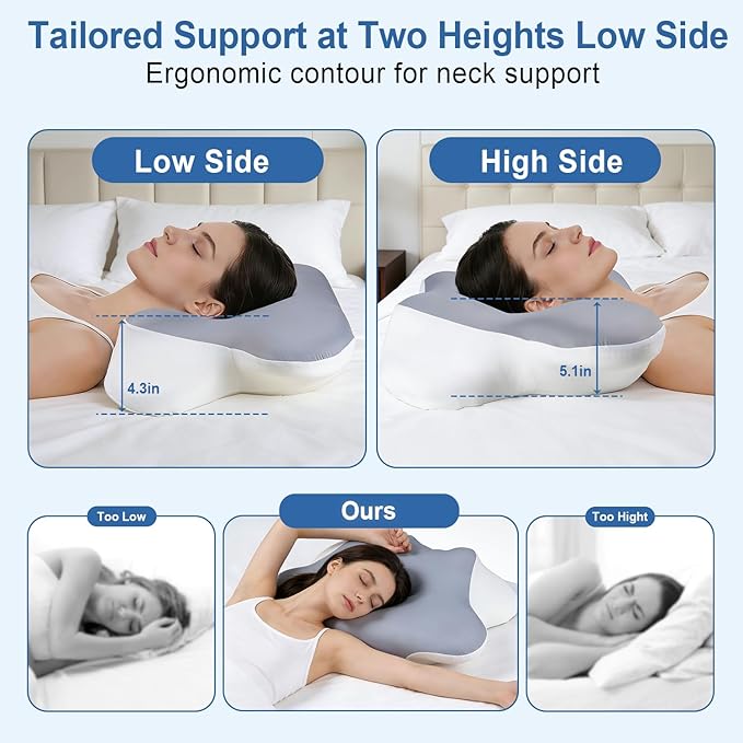 Butterfly Cervical Pillow, Memory Foam with Dual Height (11cm/13cm), Skin-Friendly Breathable Fabric, Ergonomic Neck Support for Sleep Relief Grey &White