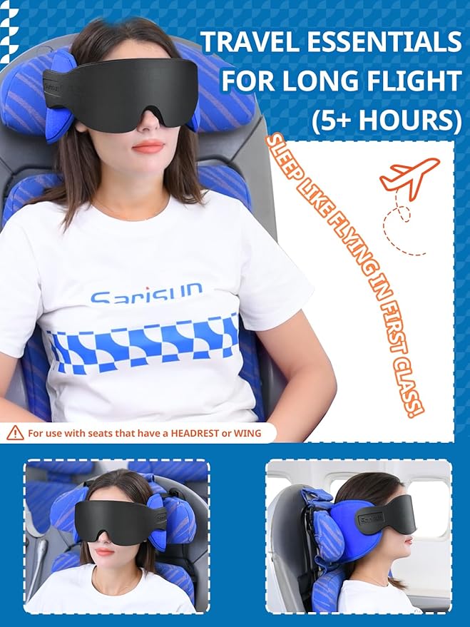 SARISUN Travel Pillows for Airplanes, Airplane Pillow for Long Flight, Airplane Head Strap with Sleep Eye Mask, 360° Support Headrest for Car Trip, Travel Essentials Stop Bobblehead, Mottled Blue