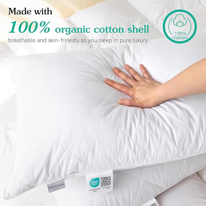 Three Geese White Goose Feather & Cotton Pillows Queen/Standard Size Set of 1- Soft 600 Thread Count 100% Cotton, Medium Firm,Soft Support, White Solid